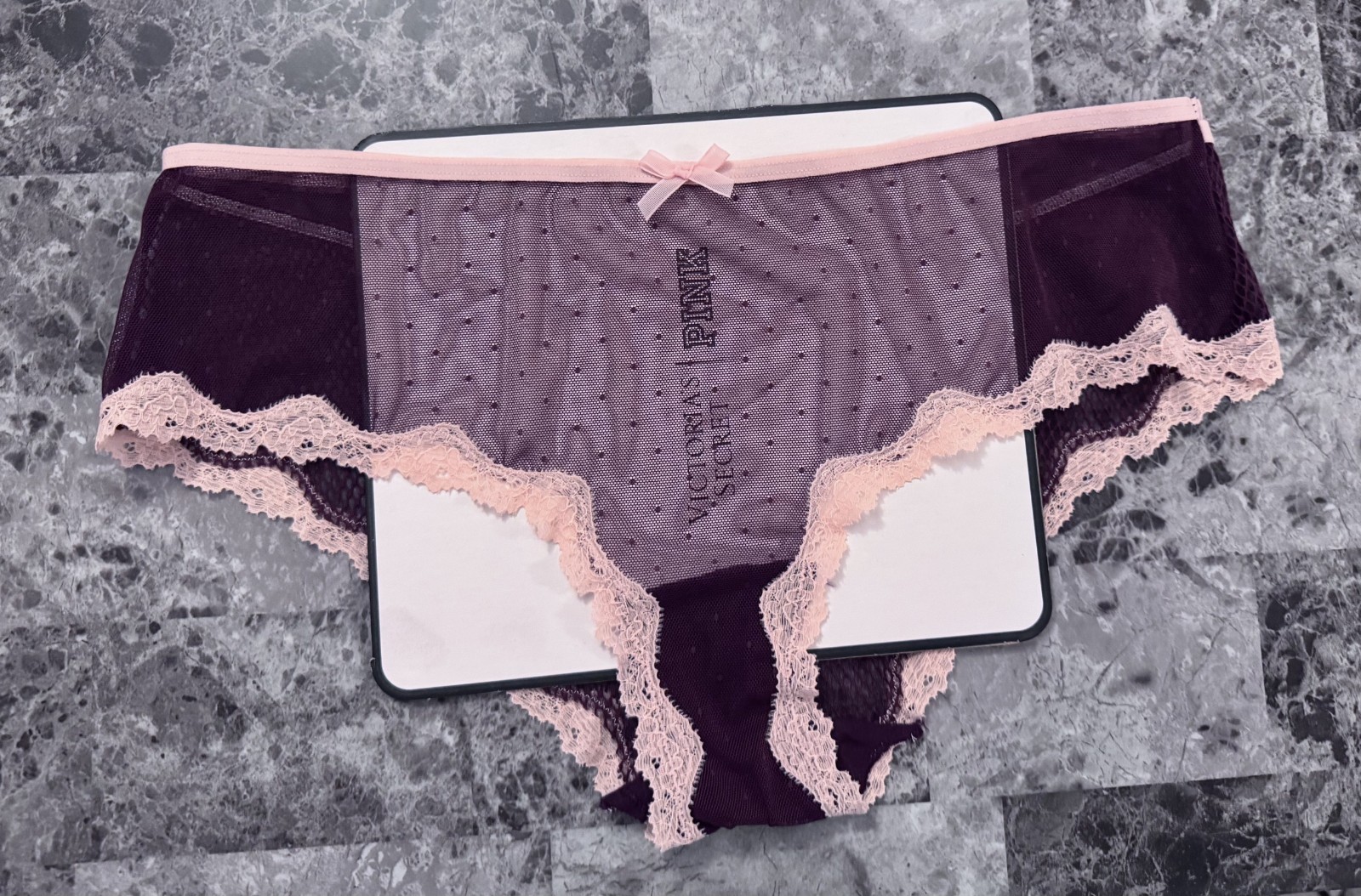 NWT VICTORIA’S SECRET L MAROON DOTTED MESH NETTED PINK LACE RARE CHEEKY PANTIES