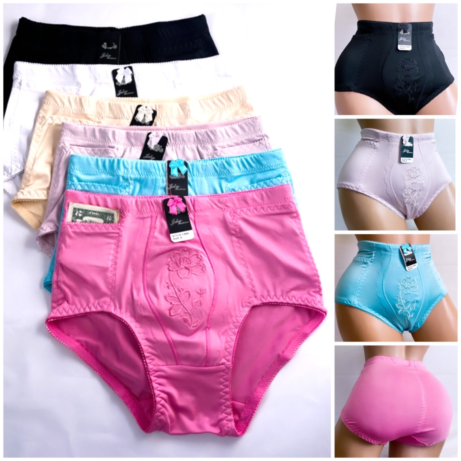 6 Women High Waist Dual Pocket Tummy Control Full Coverage Girdle Briefs Panties