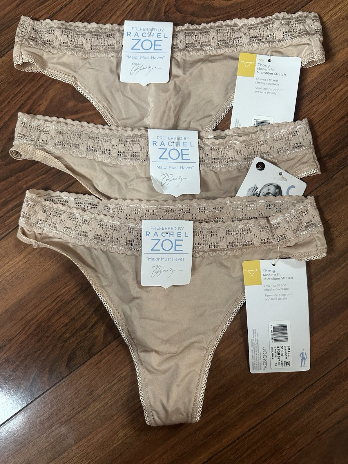3 RACHEL ZOE Jockey Women’s Small Thong Panties Beige Microfiber Stretch