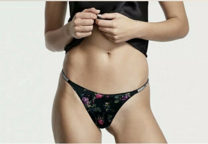 S Victoria Secret Very Sexy Bombshell Black Shine Strap V-String Bling Panty NEW