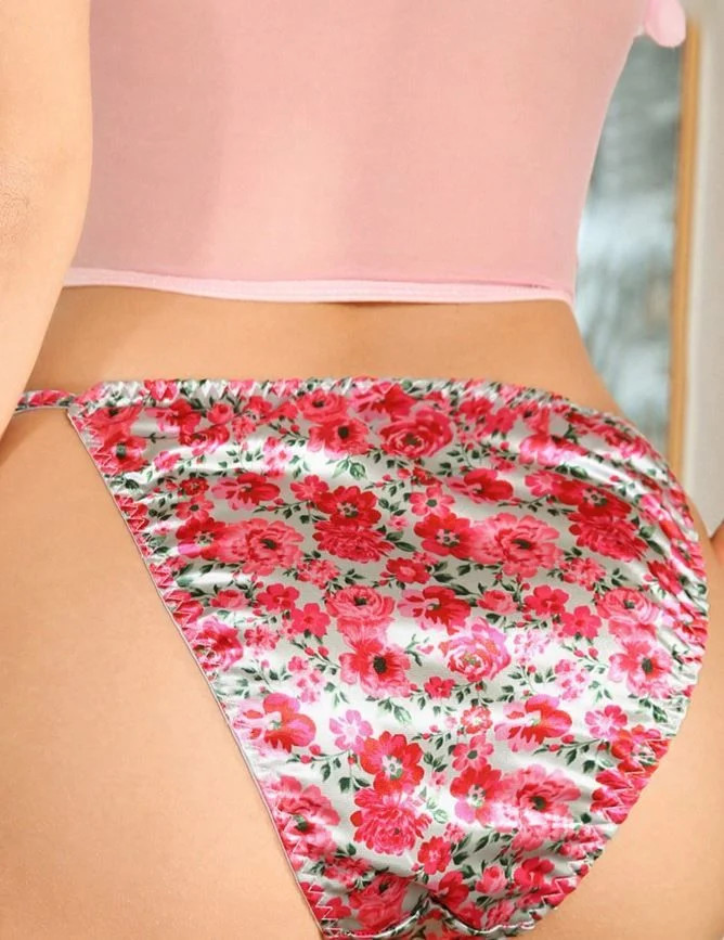 Silky feel floral satin panties tanga stretchy sides full bum size UK 16-18/(XL)