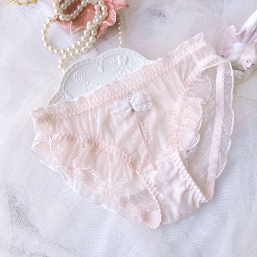 Lady Sheer Lolita Underwear Lace Briefs Knickers Retro Bow Ruffle Mesh Underwear