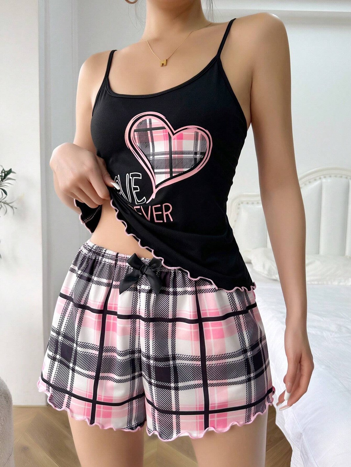 SweetSlumber Heart and Letters Pattern Cami Top & Check Boxer Pyjama Set Cheap24