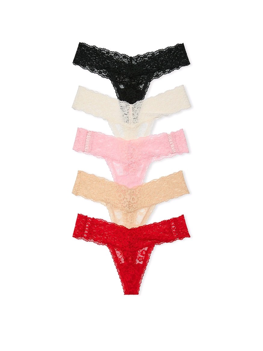 VICTORIA SECRET 5-Pack Lace Thong Panties LARGE Black White Pink Red Beige VS309