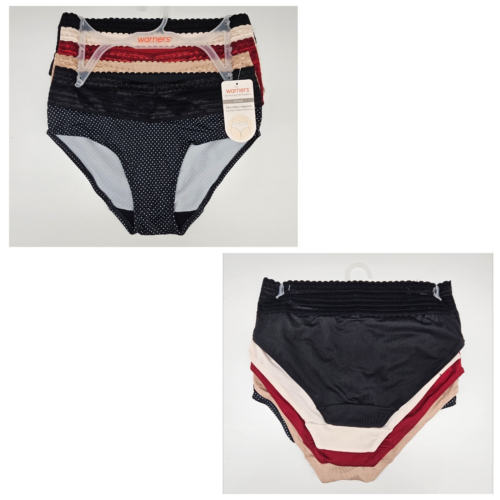5 Pack WARNERS Women’s S M L Micro Hipsters Lace Waist Black Cream Red Beige
