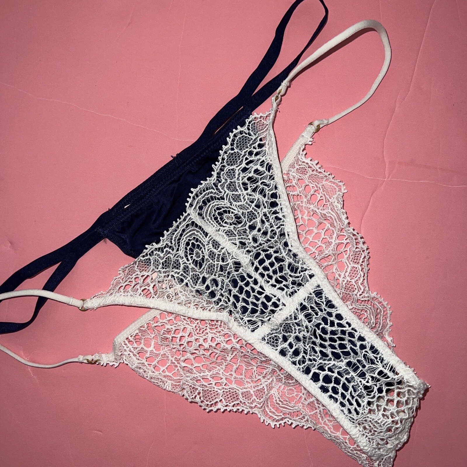 NWT Victoria’s Secret S,M THONG Panty NAVY BLUE WHITE LACE fishnet VERY SEXY