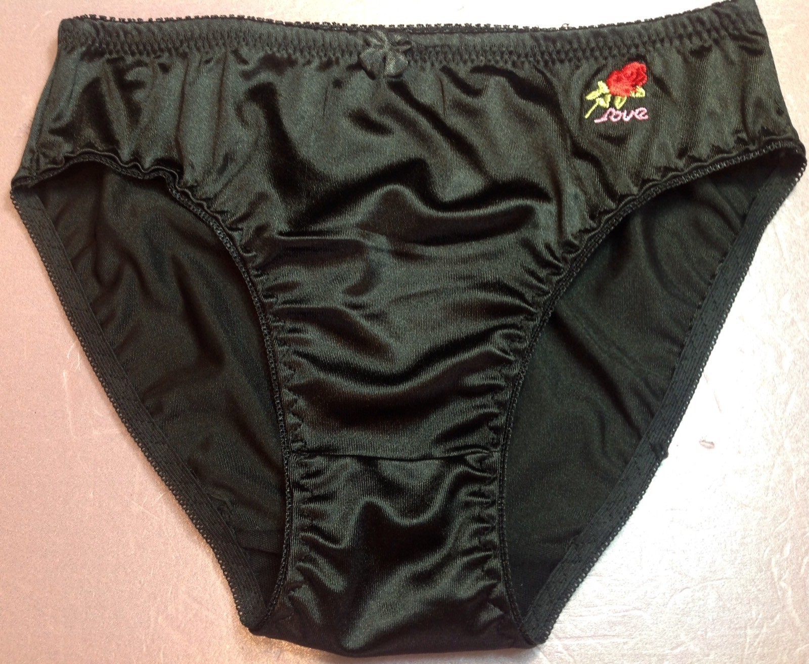Women Panties Bikinis GRACE Size L. Black Nylon Satin Soft W/Decoration Elastic