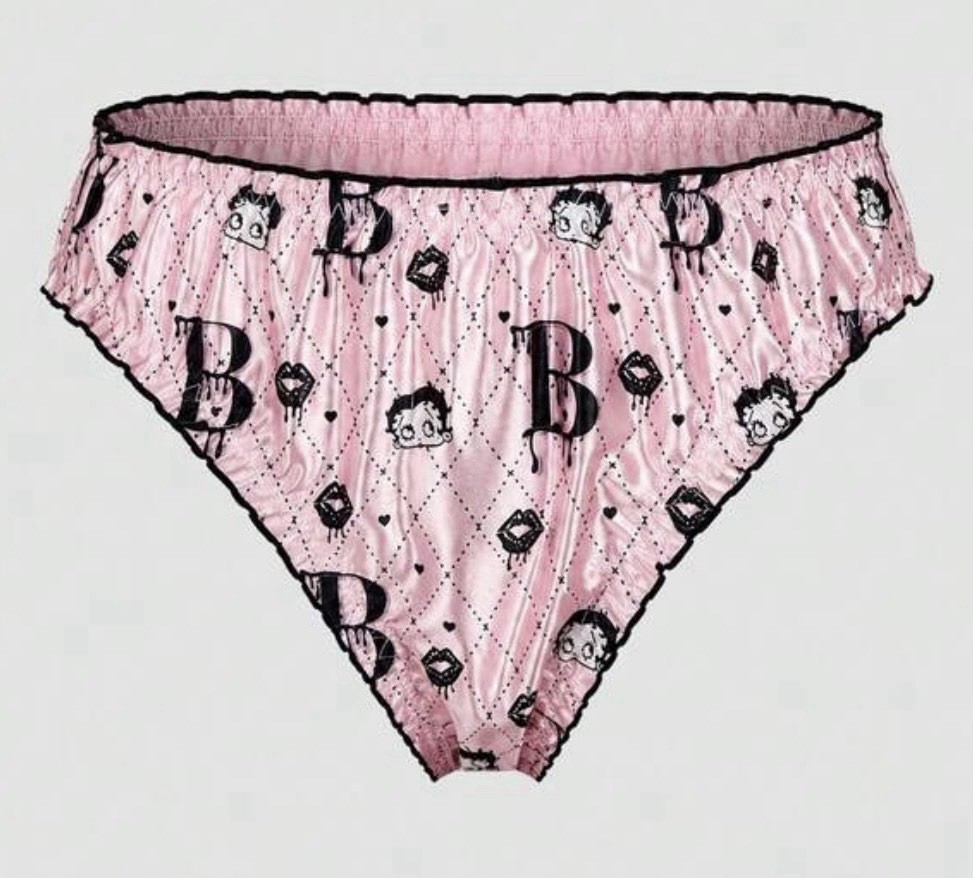 NEW XL Glossy Pink & Black Ruffle Edge Betty Boop Theme Satin Bikini Panties