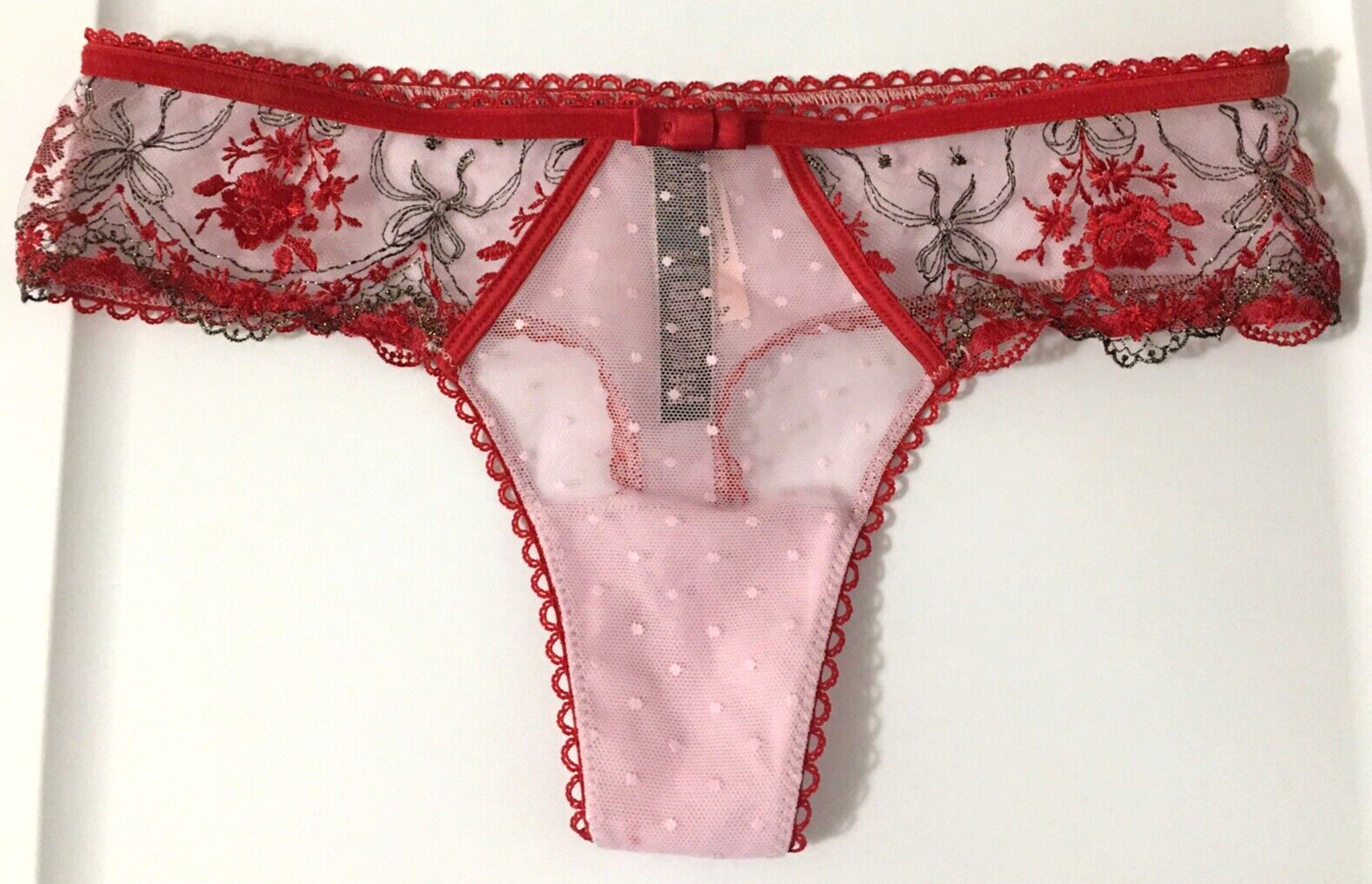 Victoria’s Secret Very Sexy Red Polka Dot Mesh Metallic Thong Panties Size XS