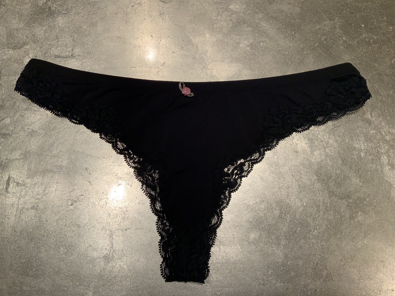 Vtg Black S Lace Trimmed Thong Bikini Panties W Rosette