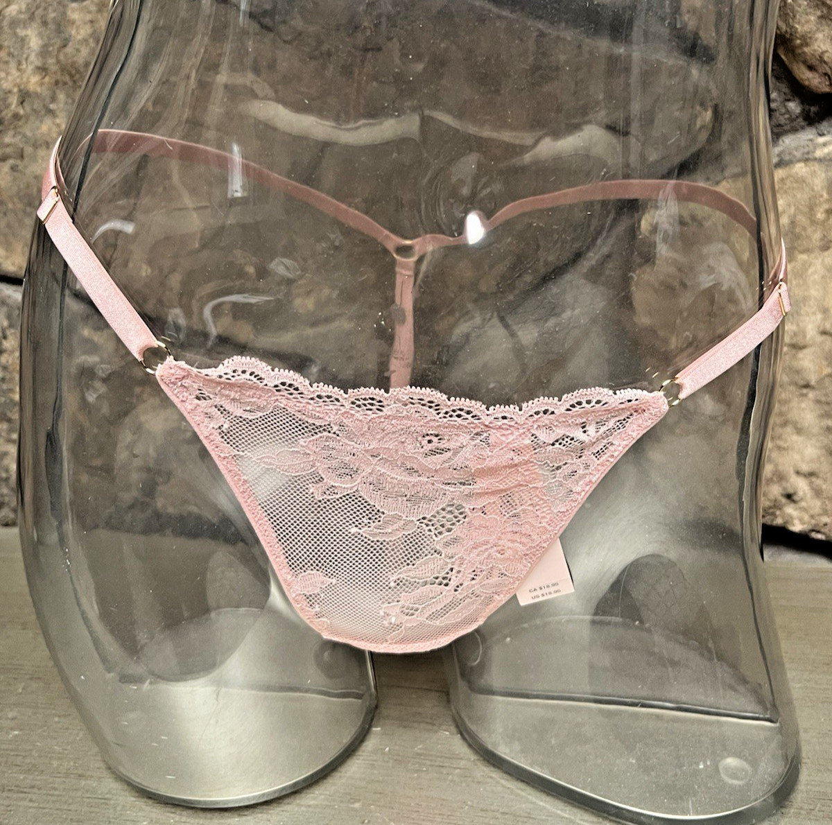 Victoria’s Secret Rose Lace Shimmer Adjustable V-STRING Panty Sz S Nude Pink NWT