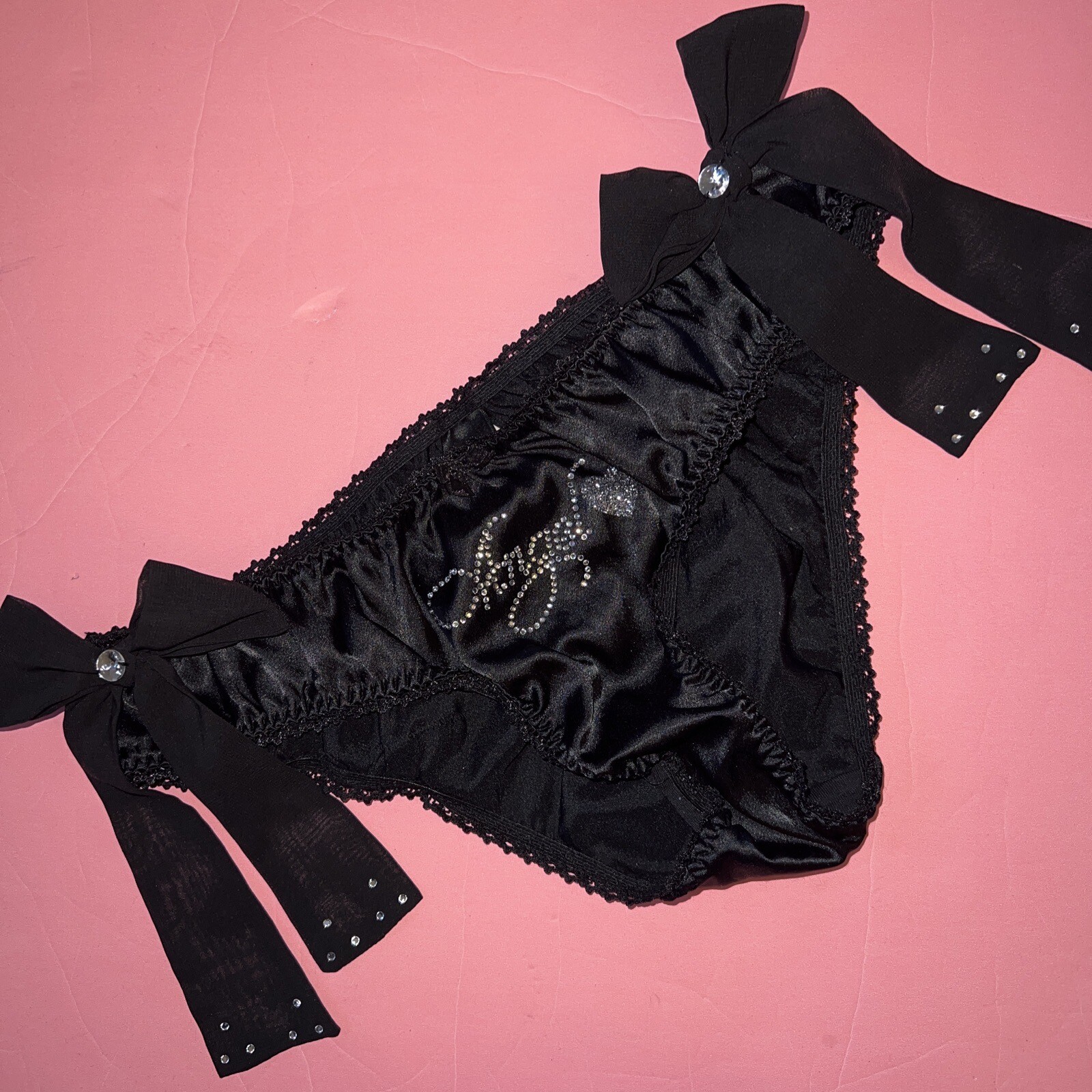 Victoria’s Secret S Panty Black CRYSTALLIZED ANGEL BOWS RUFFLED satin Chiffon