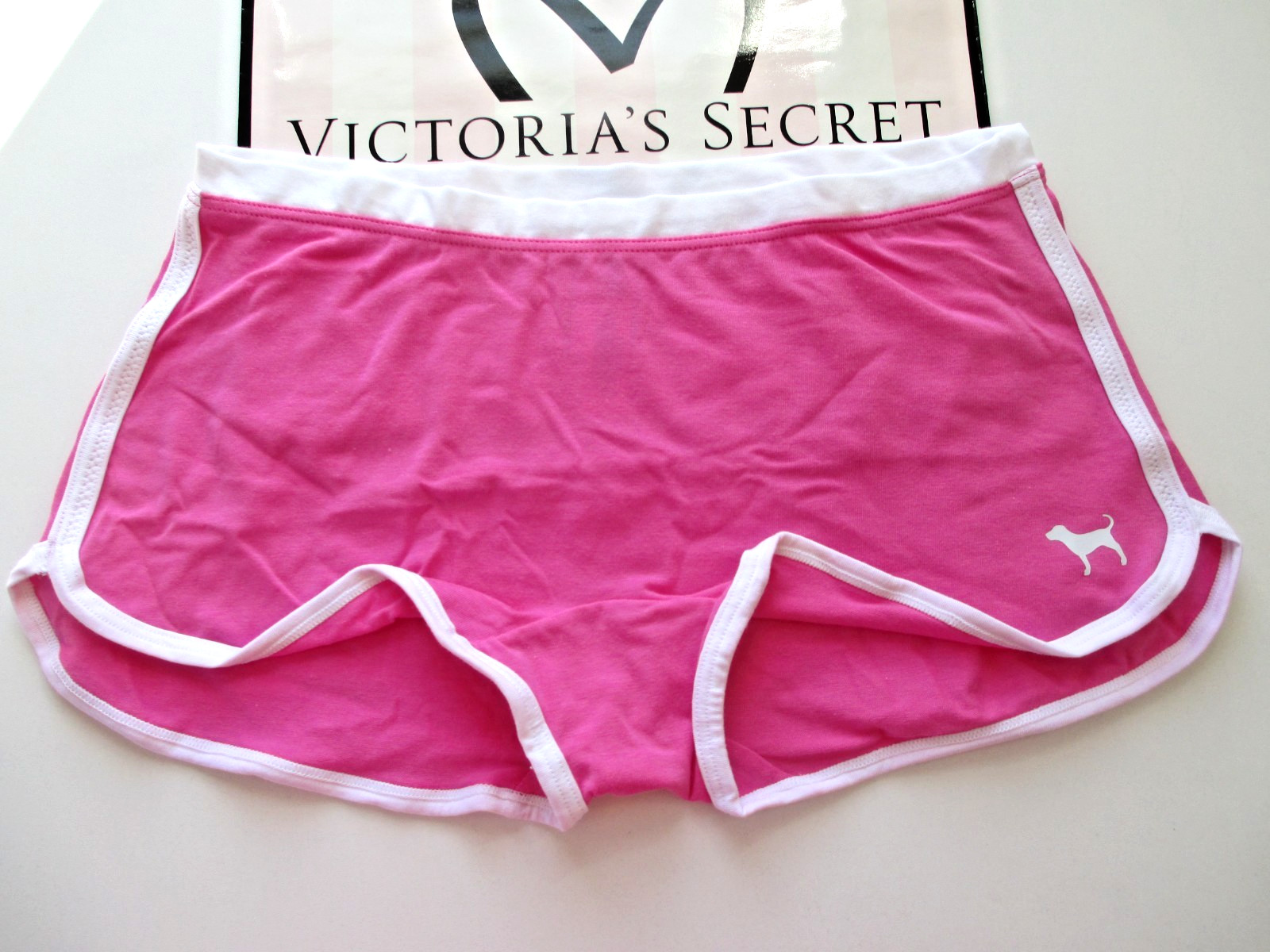 VICTORIA’S SECRET PINK Cotton Boyshort Panty L Pink NWT Logo Back VS White Trim