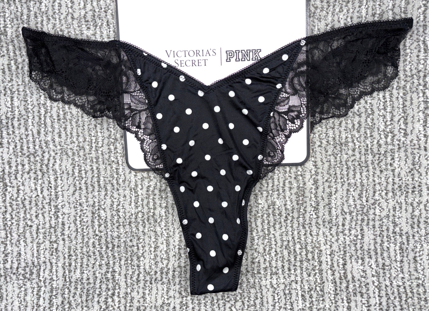 Victorias Secret Very Sexy NWT XL Black Polka Dot Lace Trim High Leg Thong Panty