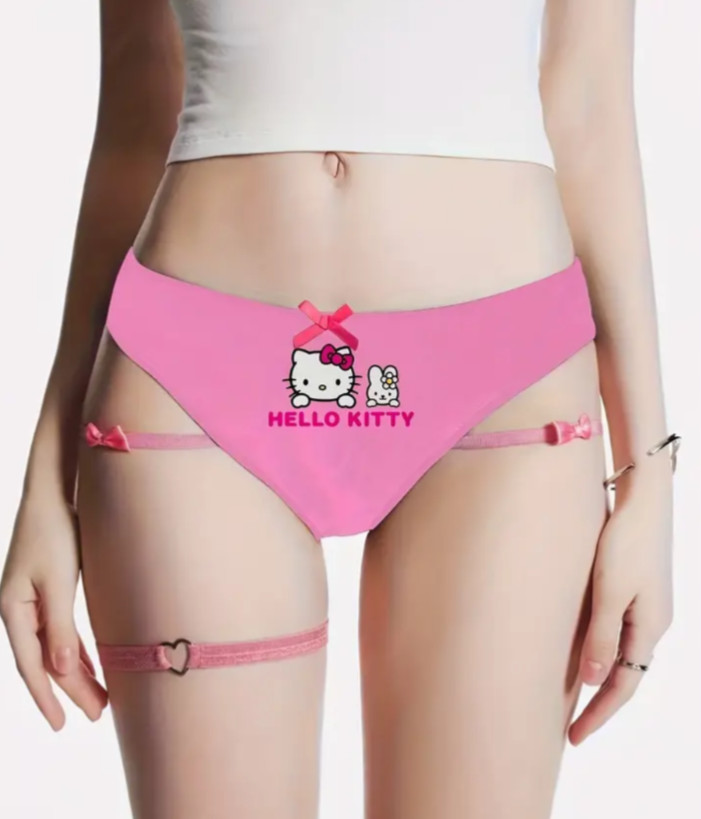 Sanrio Hello Kitty Cute Cat Print Thin Strap Brief Panty with Leg Ring Bow L