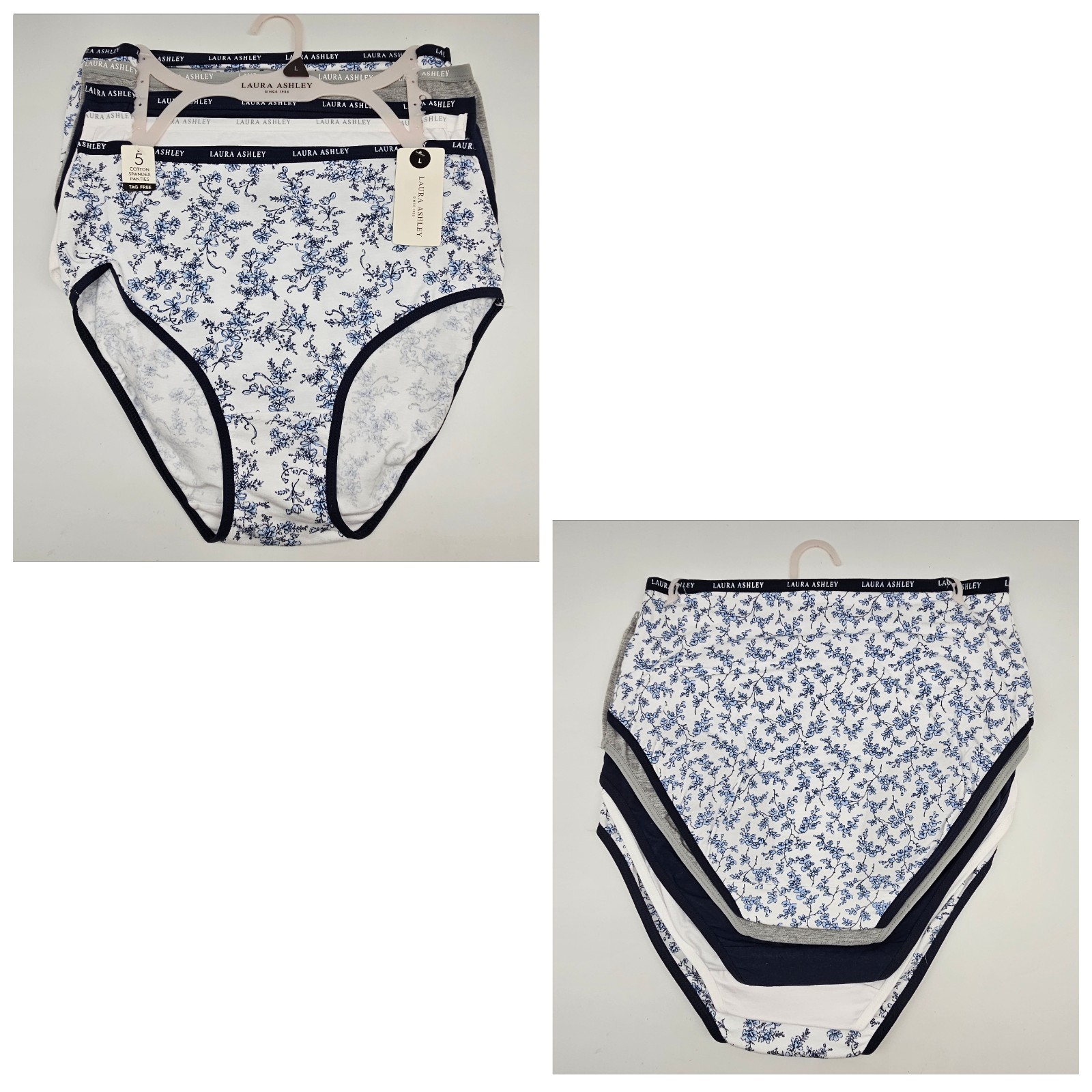 LAURA ASHLEY 5 Pack Women’s M L Logo Cotton Panties White Navy Blue Gray