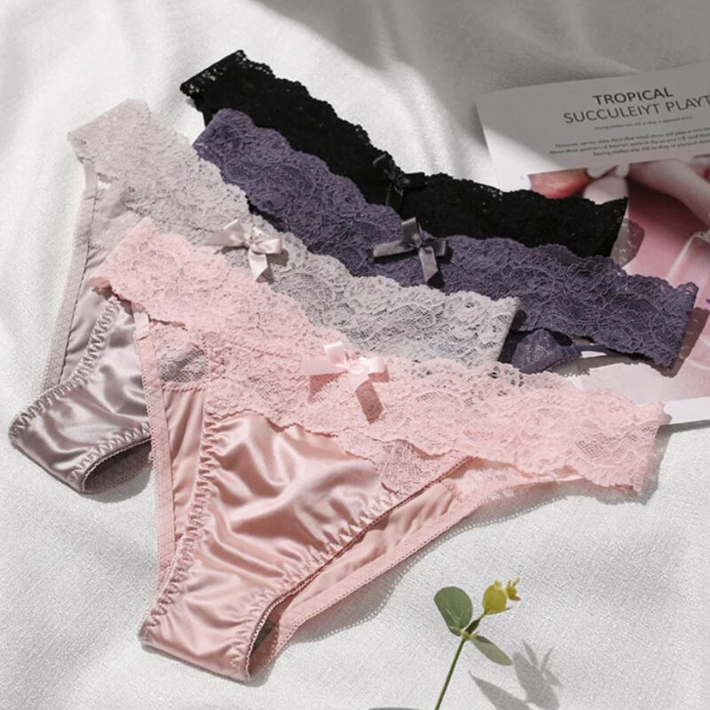 4 Pcs Lot Womens Sexy Panties Satin Brief Low Waist Thong French Lace Underwear