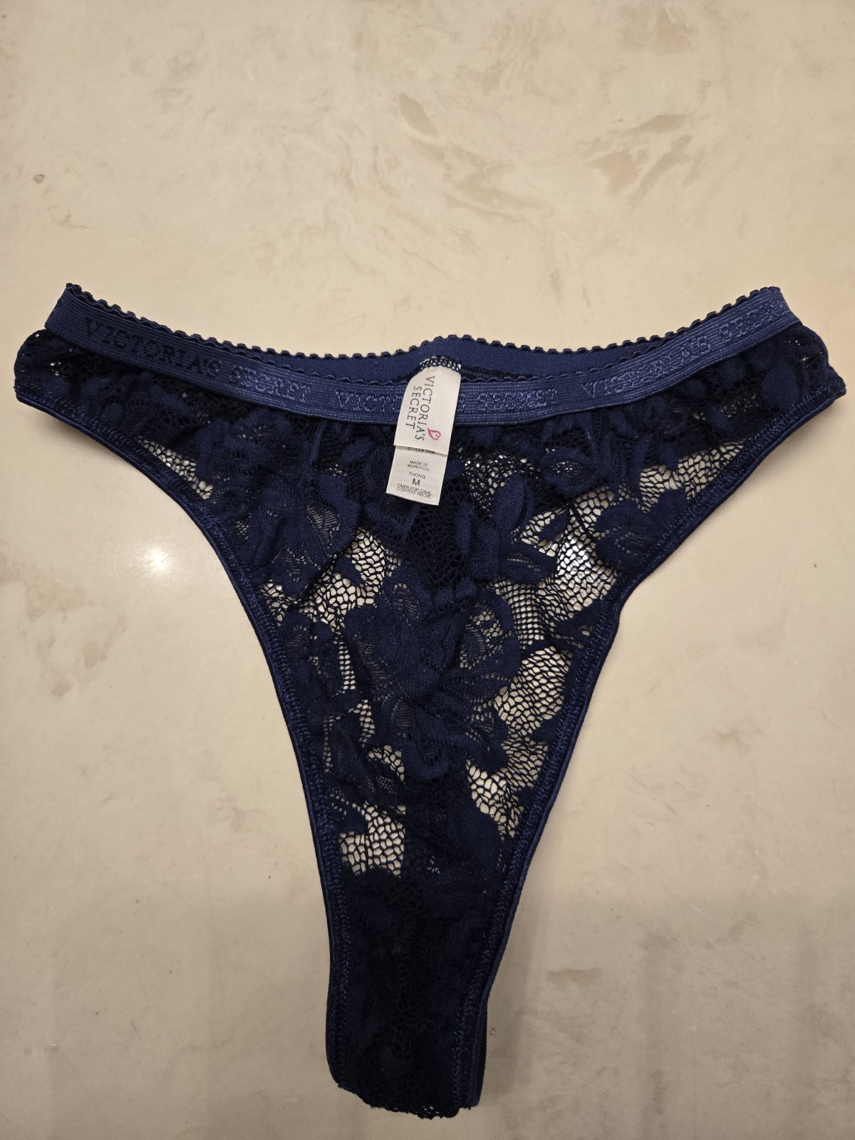 Vintage Victoria’s Secret Dark Blue Lace Thong Signature Waistband Medium 1998