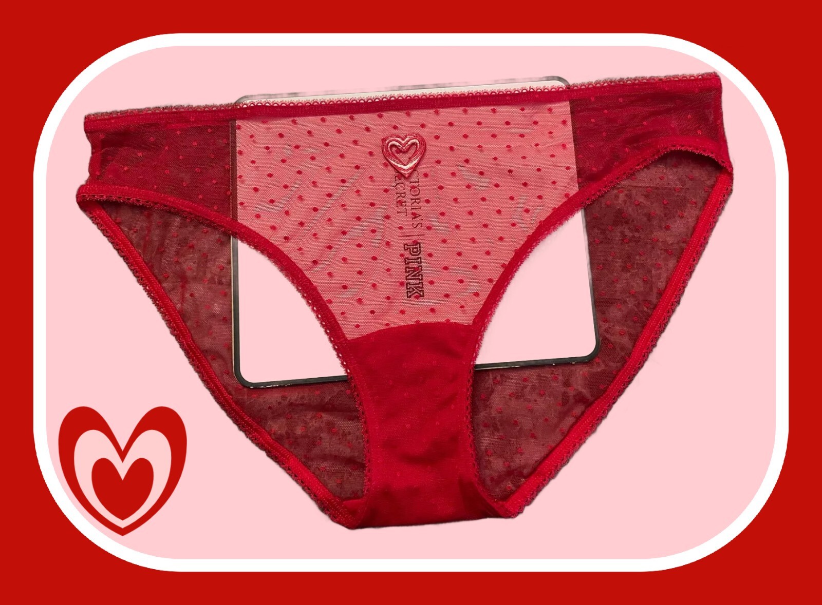XXL All Bold Red Polka Dot Mesh w Heart Stretch Victoria’s Secret BIKINI Panty