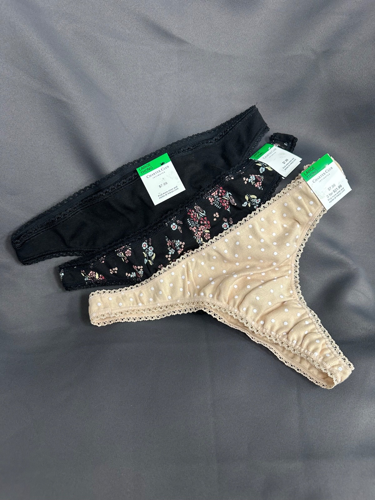 Charter Club Women’s 3-Pack 100% Cotton Thongs Size Large Soft Comfort