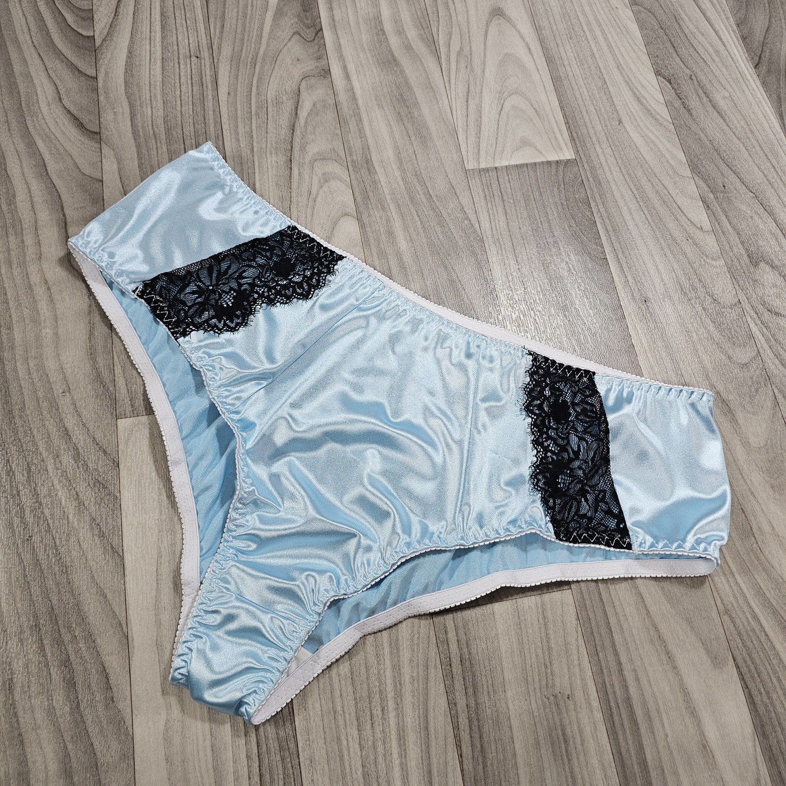 Blue Satin Briefs Panties with Lace Trim by Space Kitten Boutique, Size 4XL