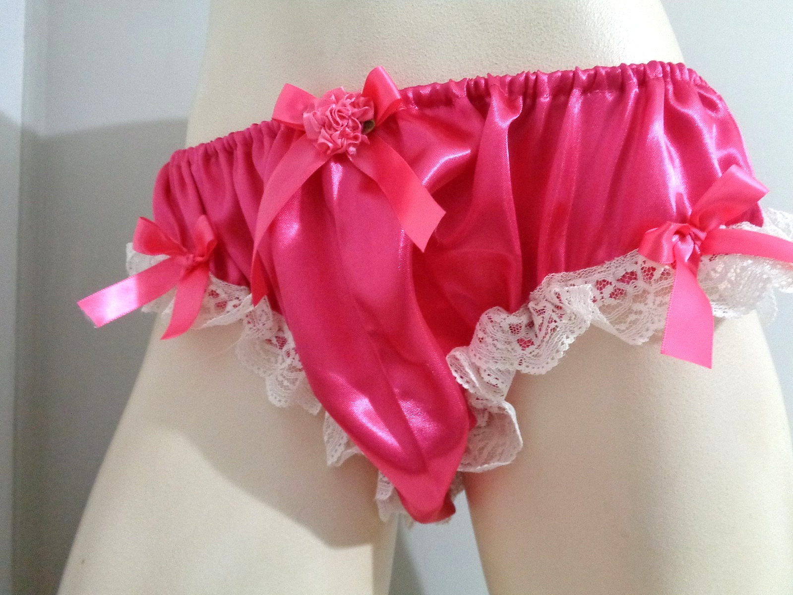 Adult sissy bold raspberry pink frilly men satin panties bloomer bikini 34-47