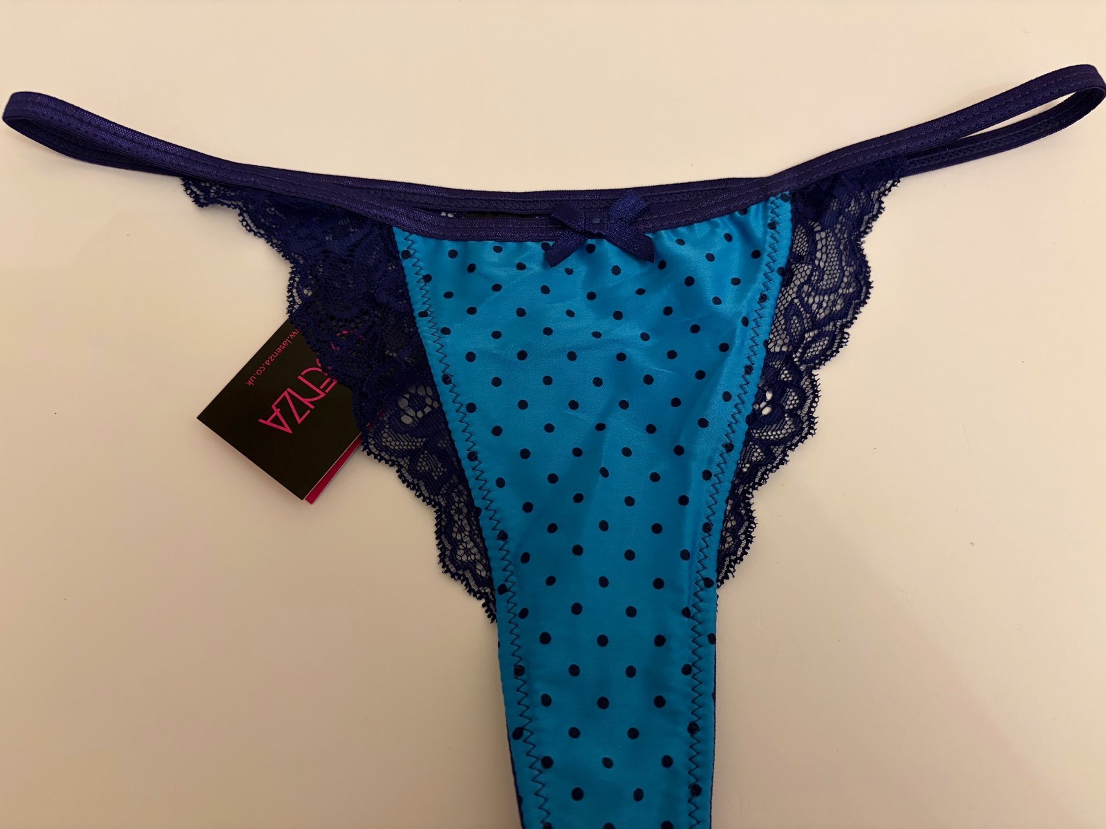 Bnwt La Senza Satin Lace Thong 8 10 12 14 16 Navy Turquoise Spot Print