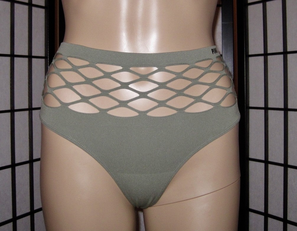 NWT VICTORIA’S SECRET PINK GREEN FISHNET SEAMLESS RARE HIGH WAIST THONG PANTIES