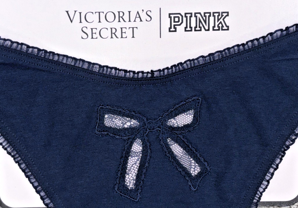 Victoria’s Secret PINK NWT Medium Blue Ruffle Trim Bow Thong Panty Sexy Cute