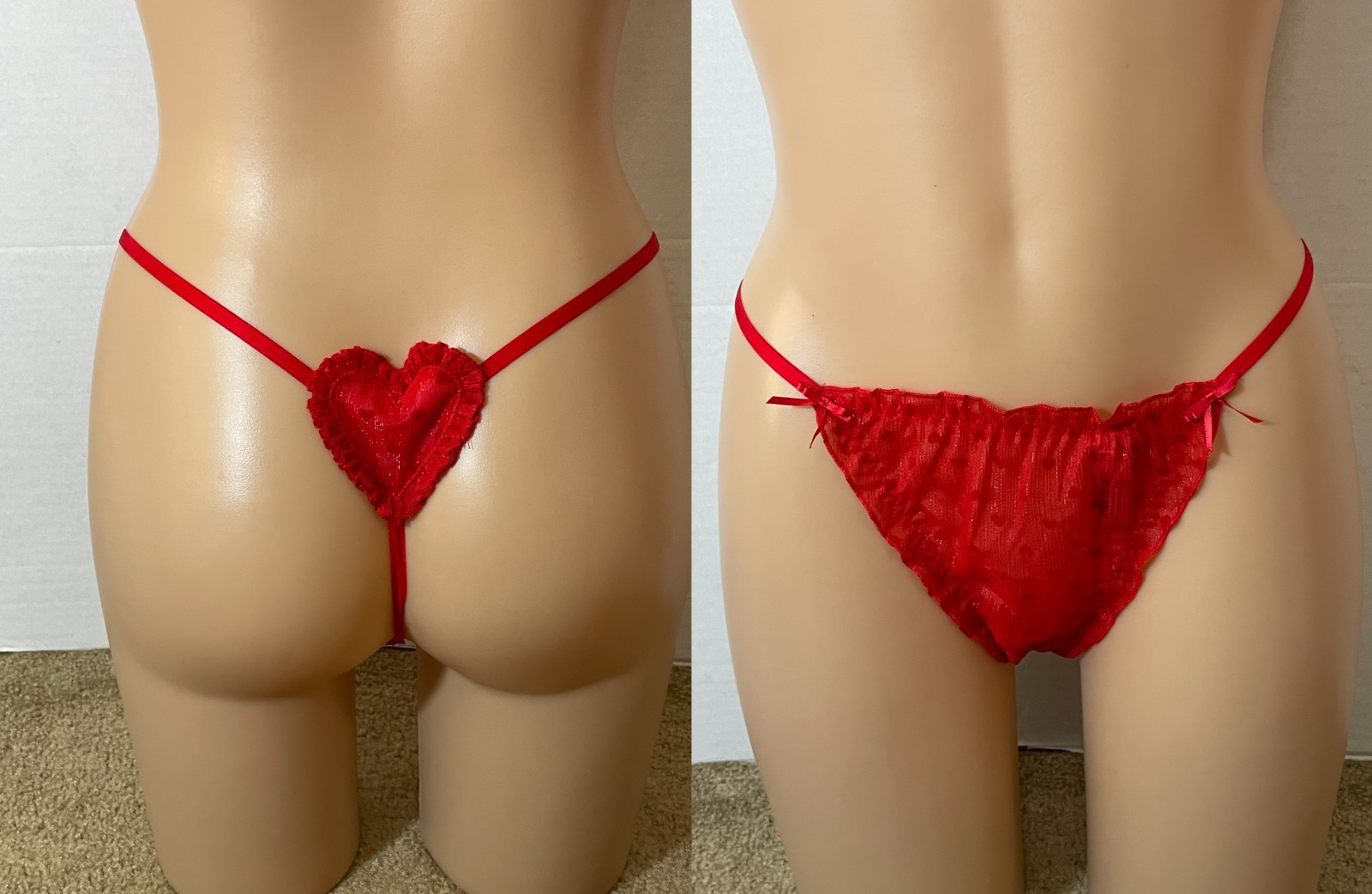 L VICTORIA’S Secret HEART CHIFFON STRAP V-STRING Thong Panty Flocked Ruffle Bows