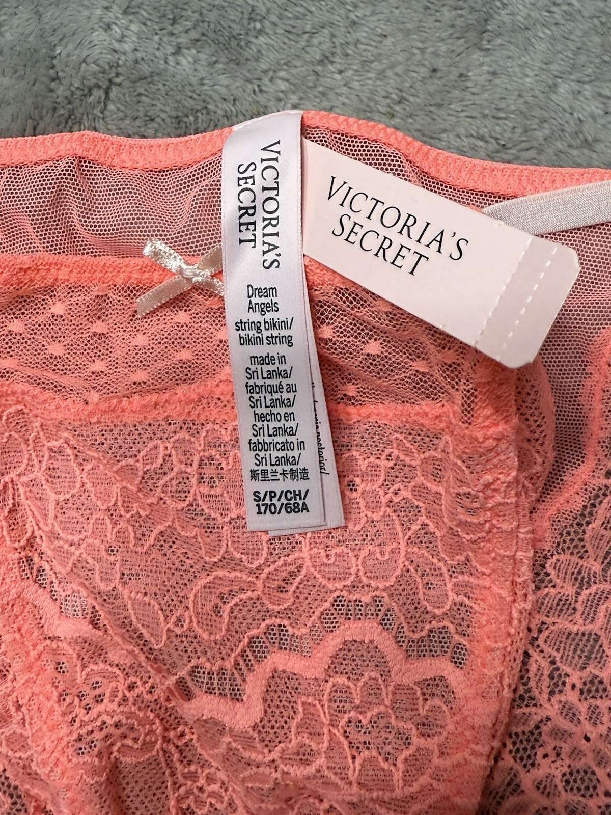 New Victoria’s Secret DREAM ANGELS Lace String Mesh Bikini Panty Coral Peach S