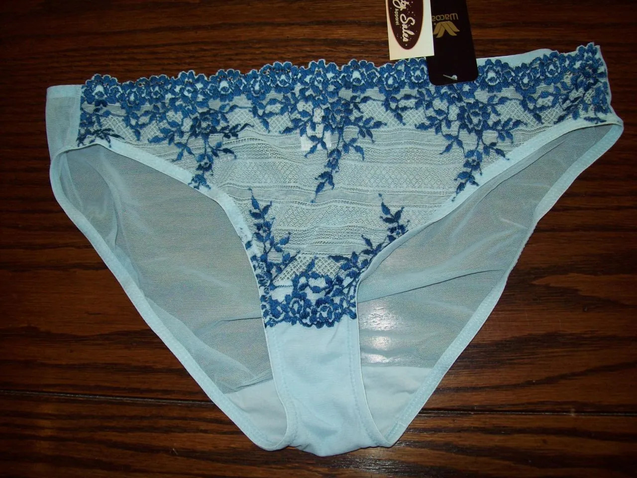 NWT WACOAL BIKINI PANTIES EMBRACE LACE SHEER W EMBROIDERY 64391 BLUE 488 RARE L