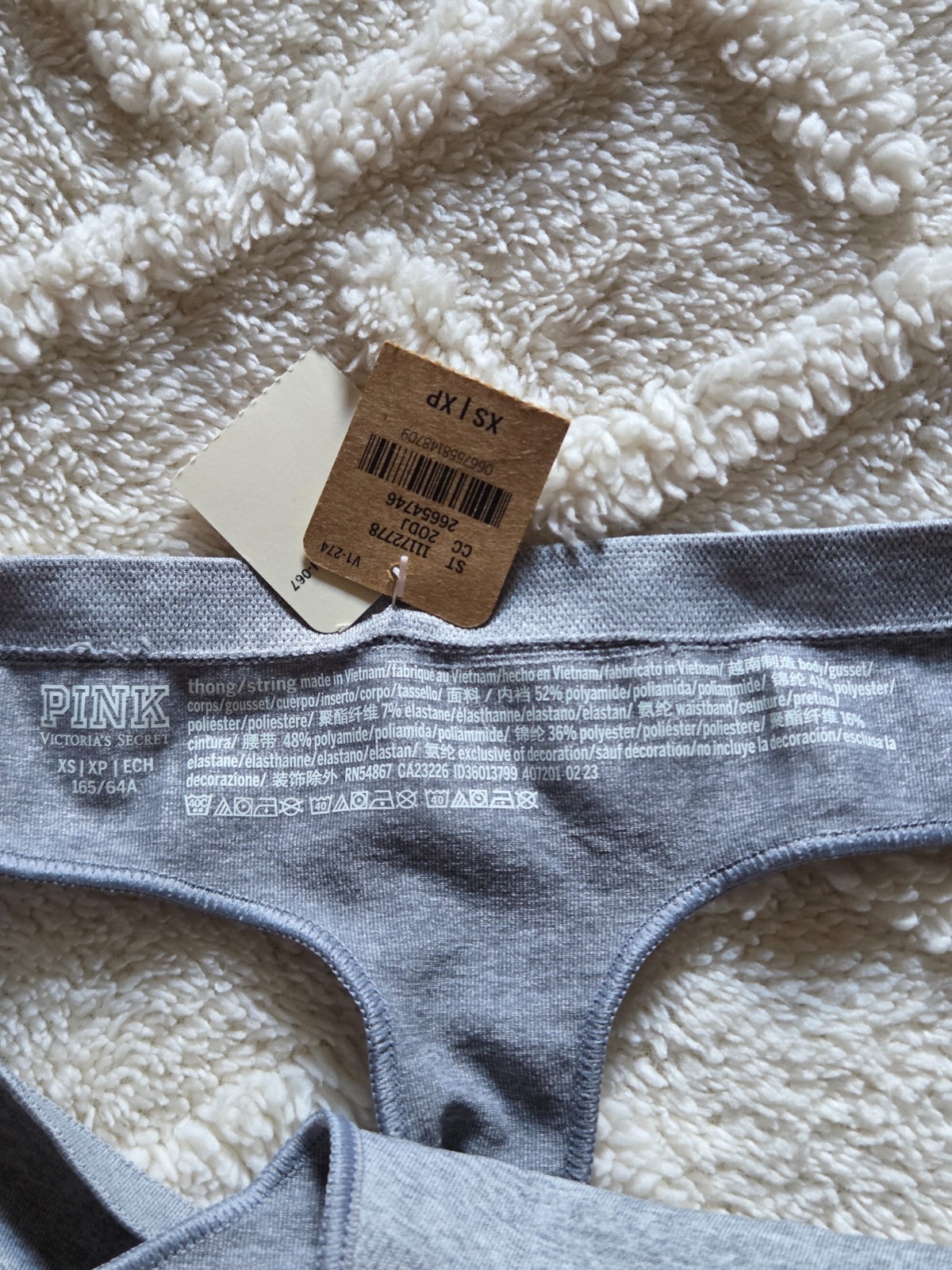 Victoria Secret Pink gray thong no-show panty logo branded waistband XS XP