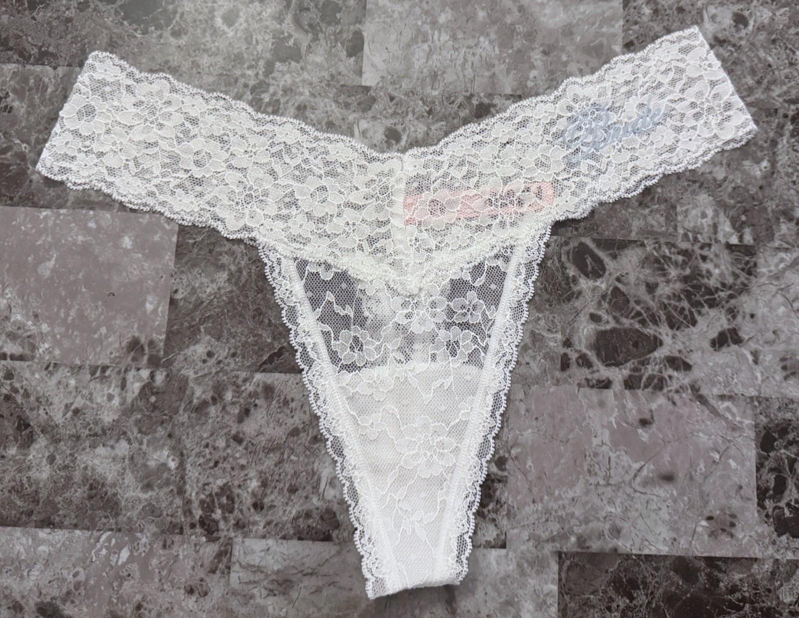 NWOT VICTORIA’S SECRET WHITE BLUE EMBROIDERED BRIDE BRIDAL LACE THONG PANTIES