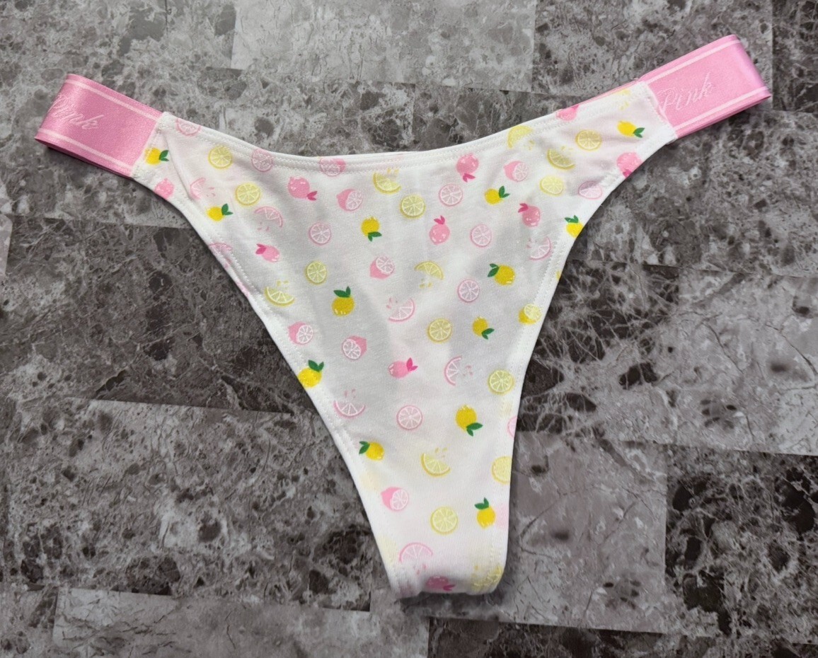 NWT VICTORIA’S SECRET PINK YELLOW LEMON LOGO THICK SIDE STRAP THONG PANTIES