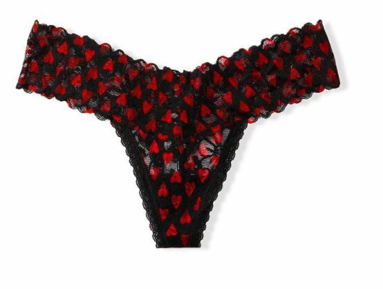 Victorias Secret Black Sketch Hearts Lacie Thong Panty XS-L-2XL Lace-Up Back NWT