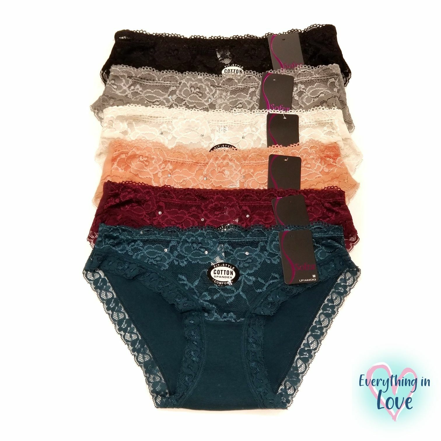 6 Pack Women Lace Front Stones Comfortable Stretch Cotton Bikini No show panty