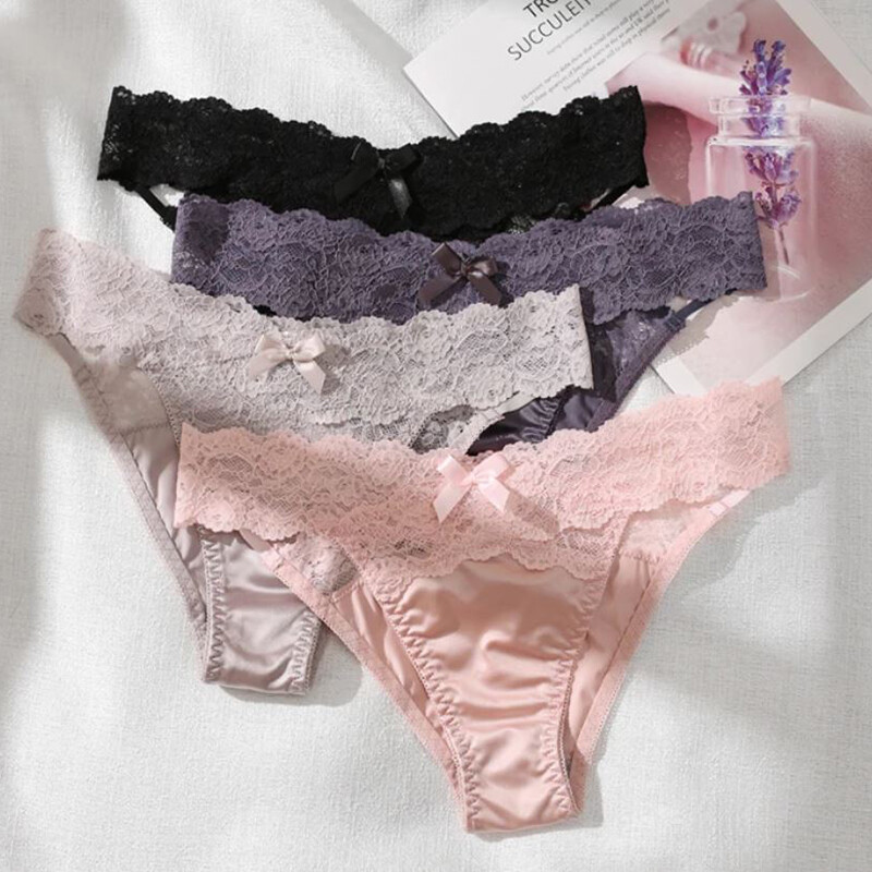 4 Pcs Lot Womens Sexy Panties Satin Brief Low Waist Thong French Lace Underwear