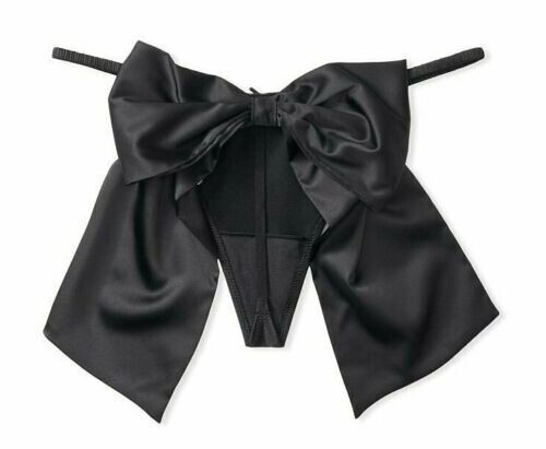 Victoria’s Secret Bow Back Thong Panty Black Satin Silky Size S-M Dream Angels