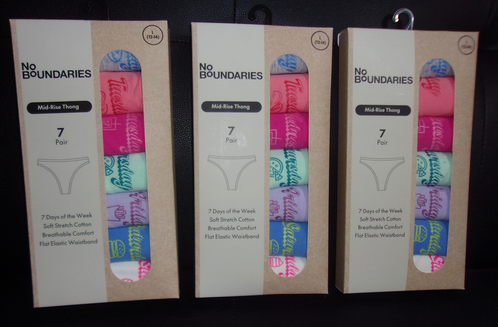 Three No Boundaries L Mid-Rise Thong Panties 7 Days of the Week Pack (Pack of 7)