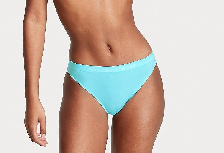Victoria Secret Seamless Logo Waist Bikini Panty L Blue Super Soft Smooth