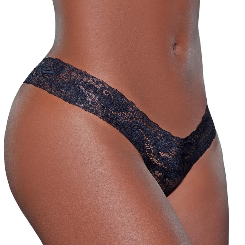 Black Lace Thong Panty Low Rise V Cut Panties Semi Sheer Floral 1160 XL
