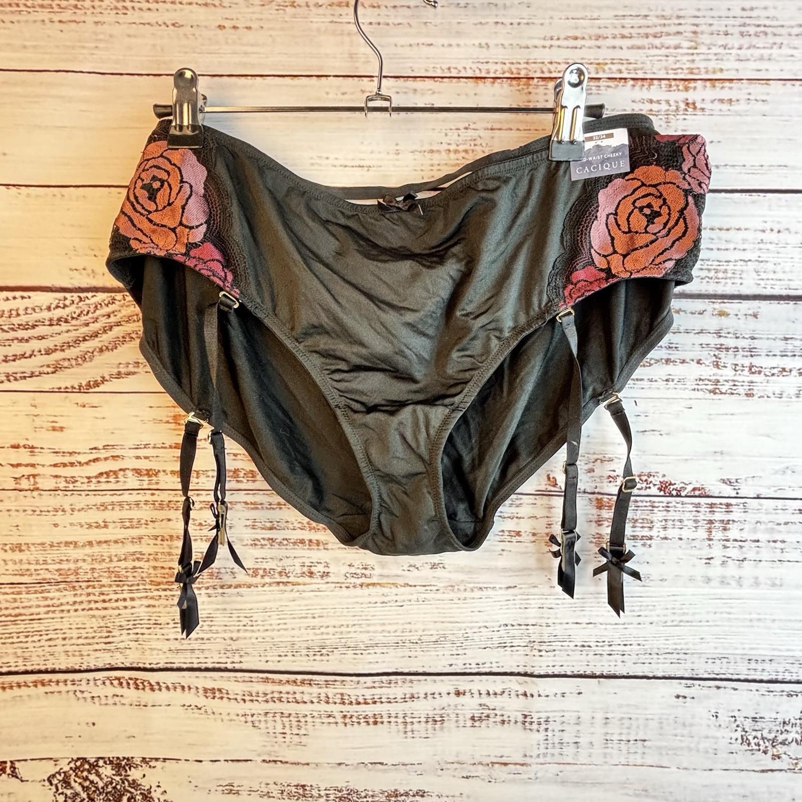 Cacique Black Midi Cheeky Garter Panty Size 22-24W Black Roses Strappy Sexy