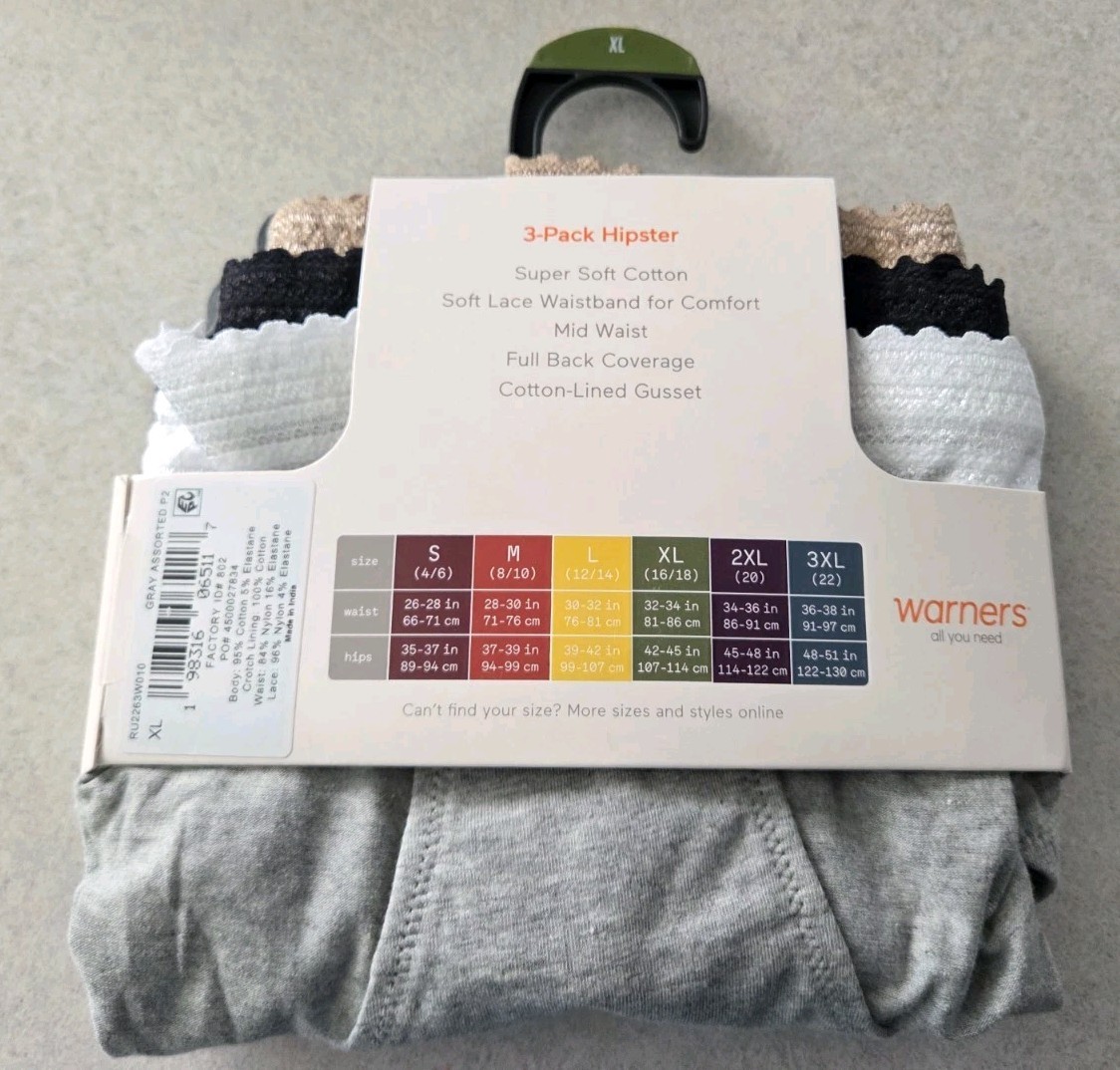 Warners Blissful Benefits XL Cotton Lace Hipster Panties 3 PACK Dig Free #10726
