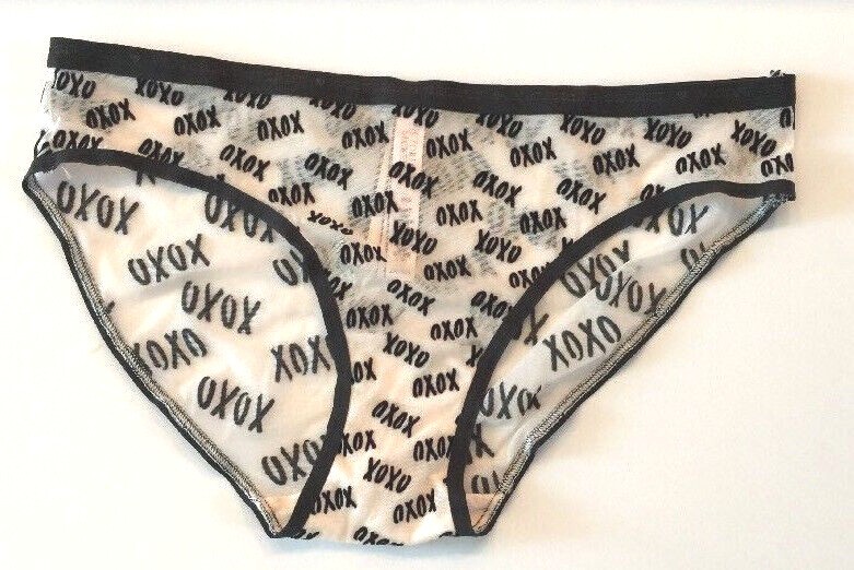 Victorias Secret XOXO LOVE Bikini Panties Size S Sexy Flirty Black Trim Sheer