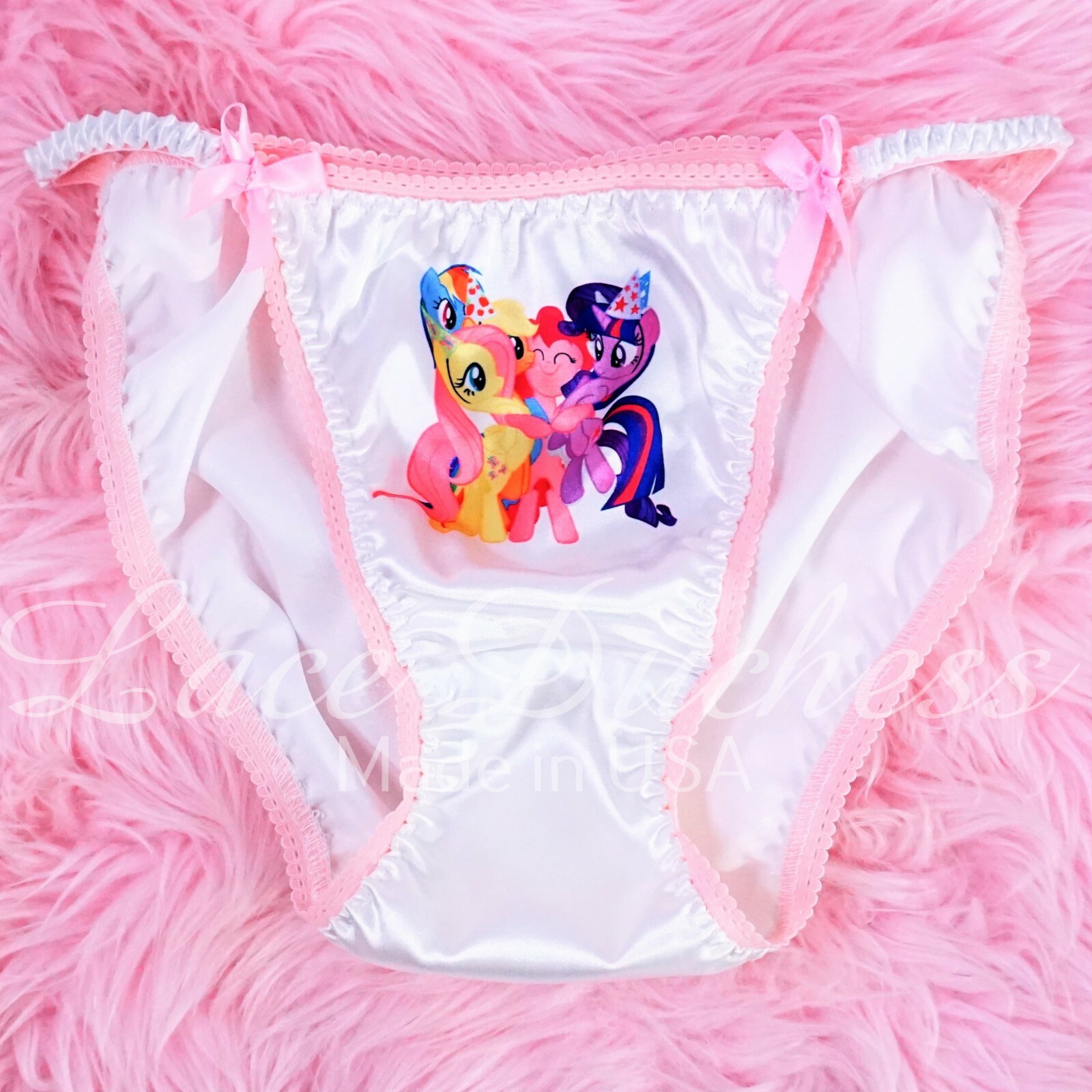 VTG 80s style SATIN Pony Birthday Party White Ladies/ MENS string bikini Panties