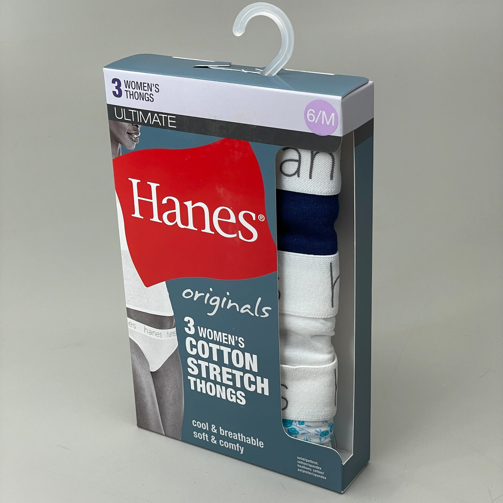 HANES 3 PK Originals Women’s Cotton Stretch Thongs Underwear Sz 6/M Navy/White