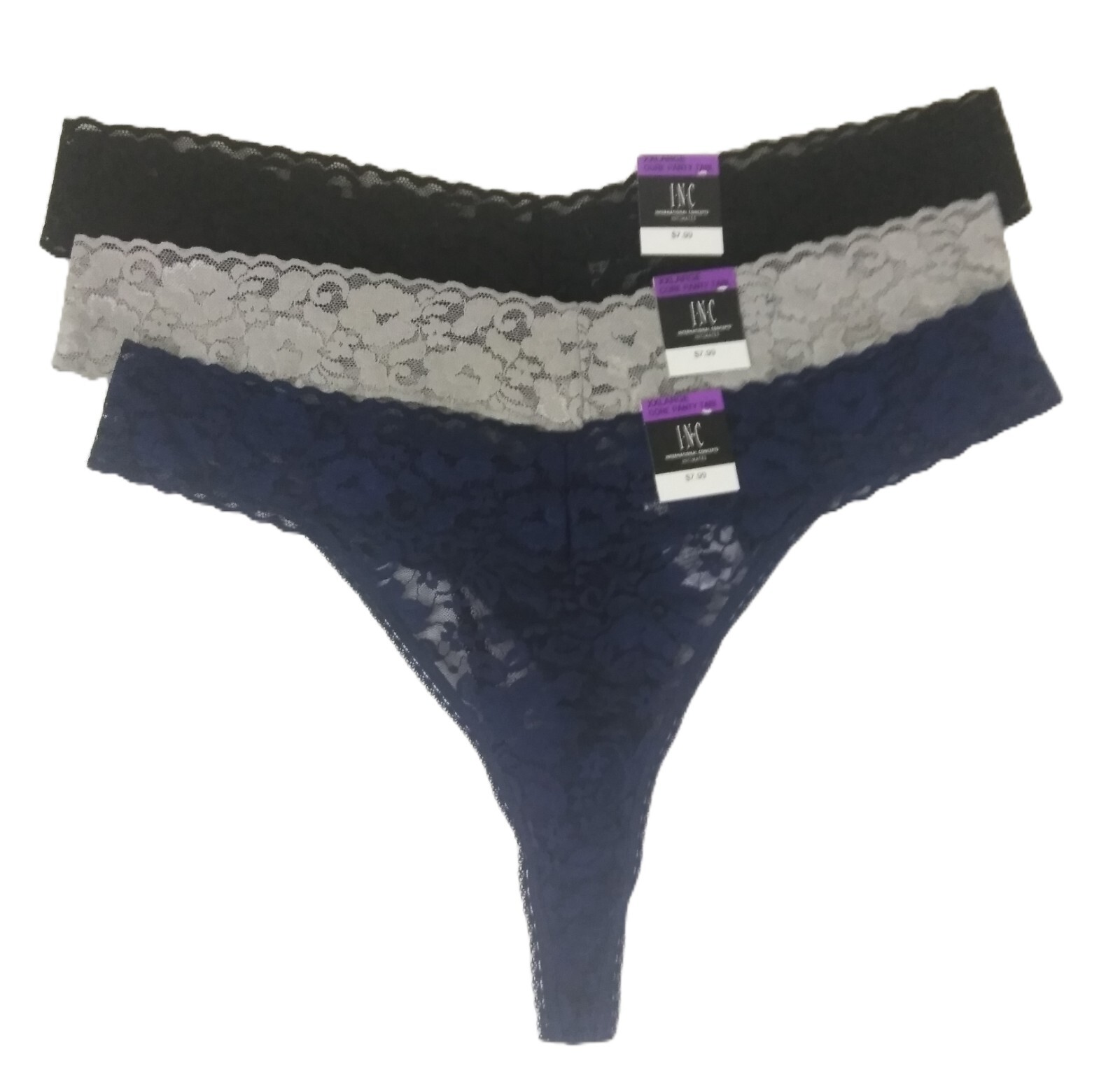 INC International Concepts Womens Floral Lace Thong 2XL 3 Pairs Black Gray Blue