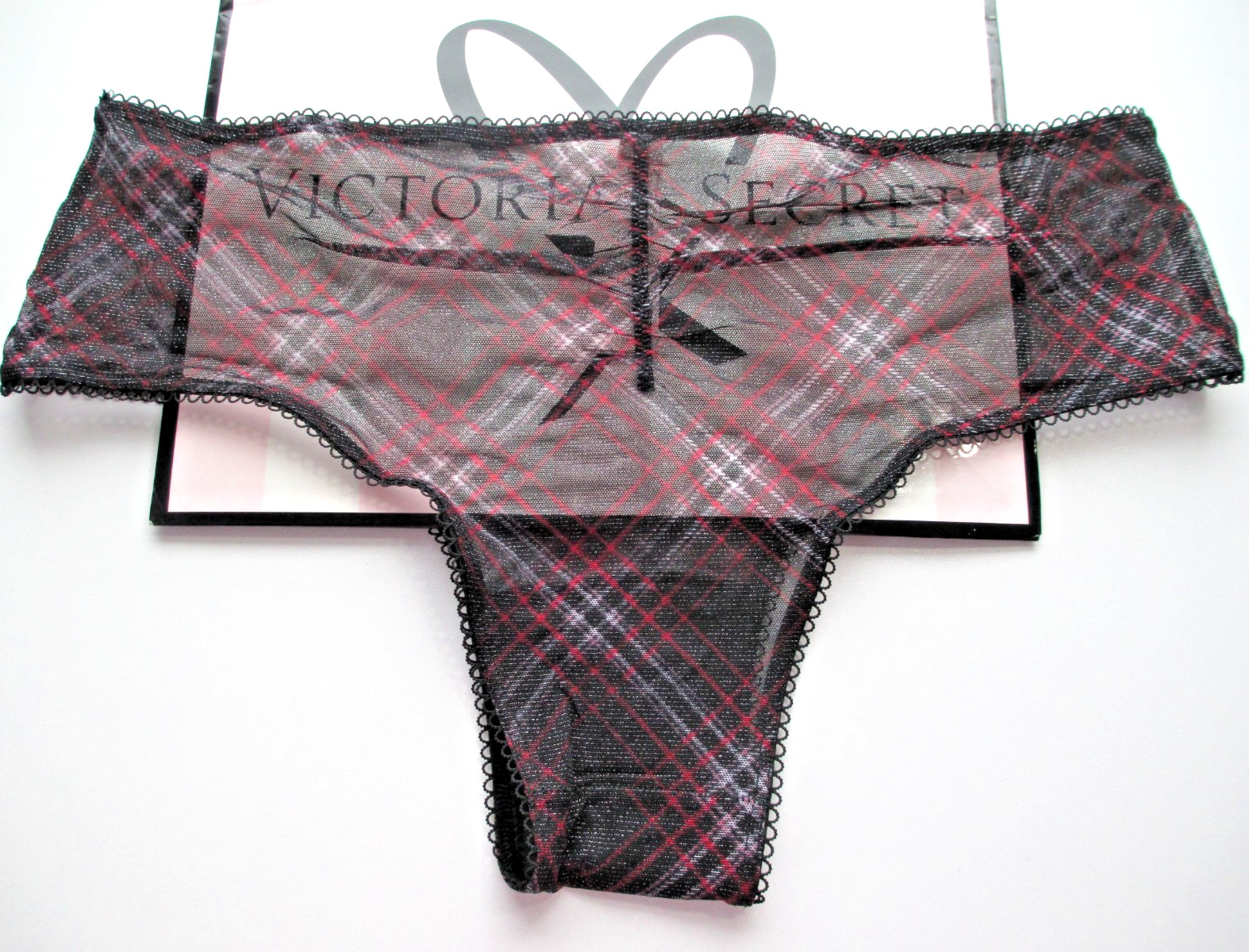 VICTORIA’S SECRET Cheeky Panty S M L XL Black Plaid NWT Mesh Shine FREE SHIP 4+