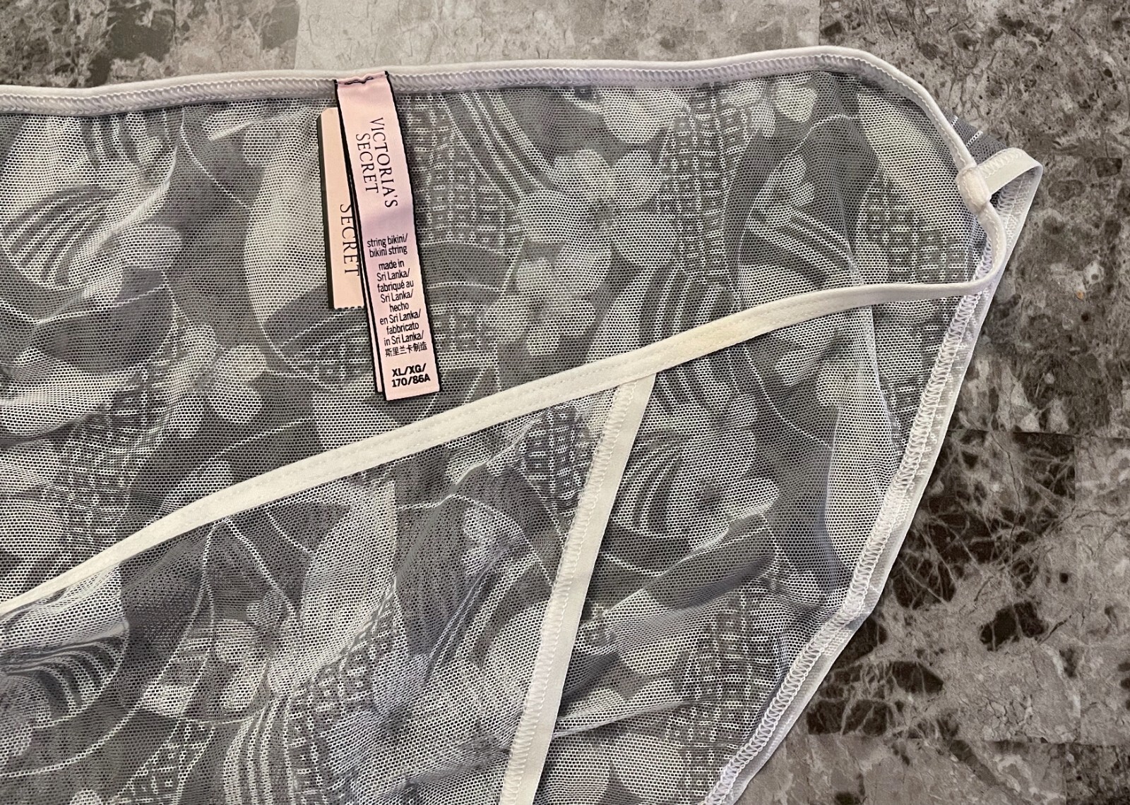 NWT VICTORIA’S SECRET XL GRAY WHITE FLORAL RETRO MESH RARE STRING BIKINI PANTIES